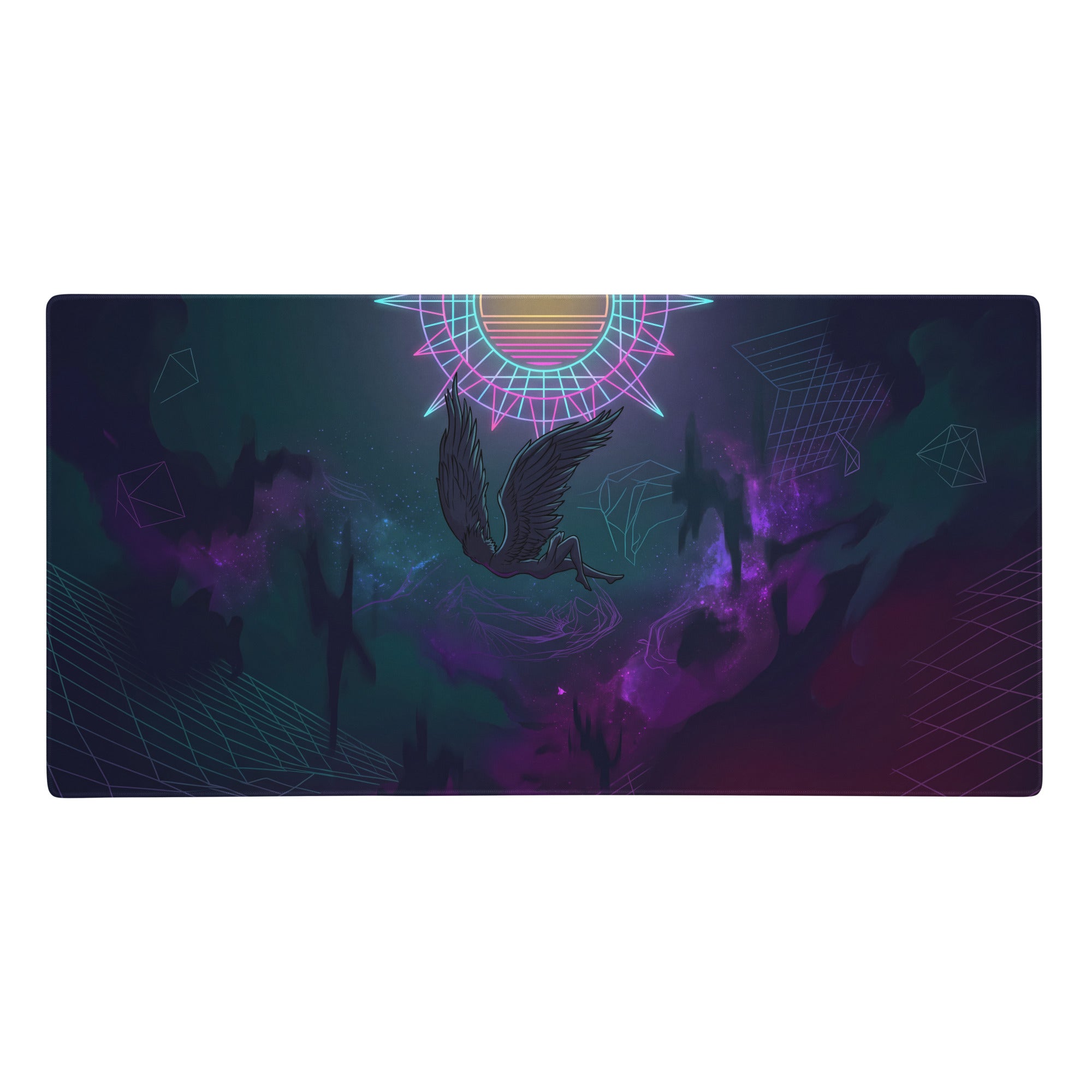 Vaporwave neon owl gaming mouse pad with neon pink and blue geometric sun and winged figure on cosmic background