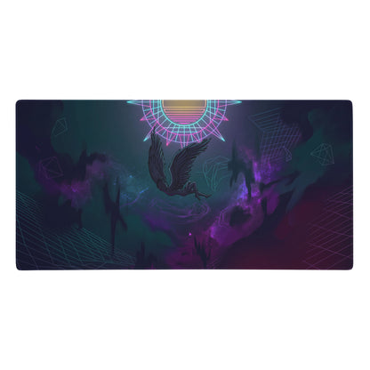 Vaporwave neon owl gaming mouse pad with neon pink and blue geometric sun and winged figure on cosmic background