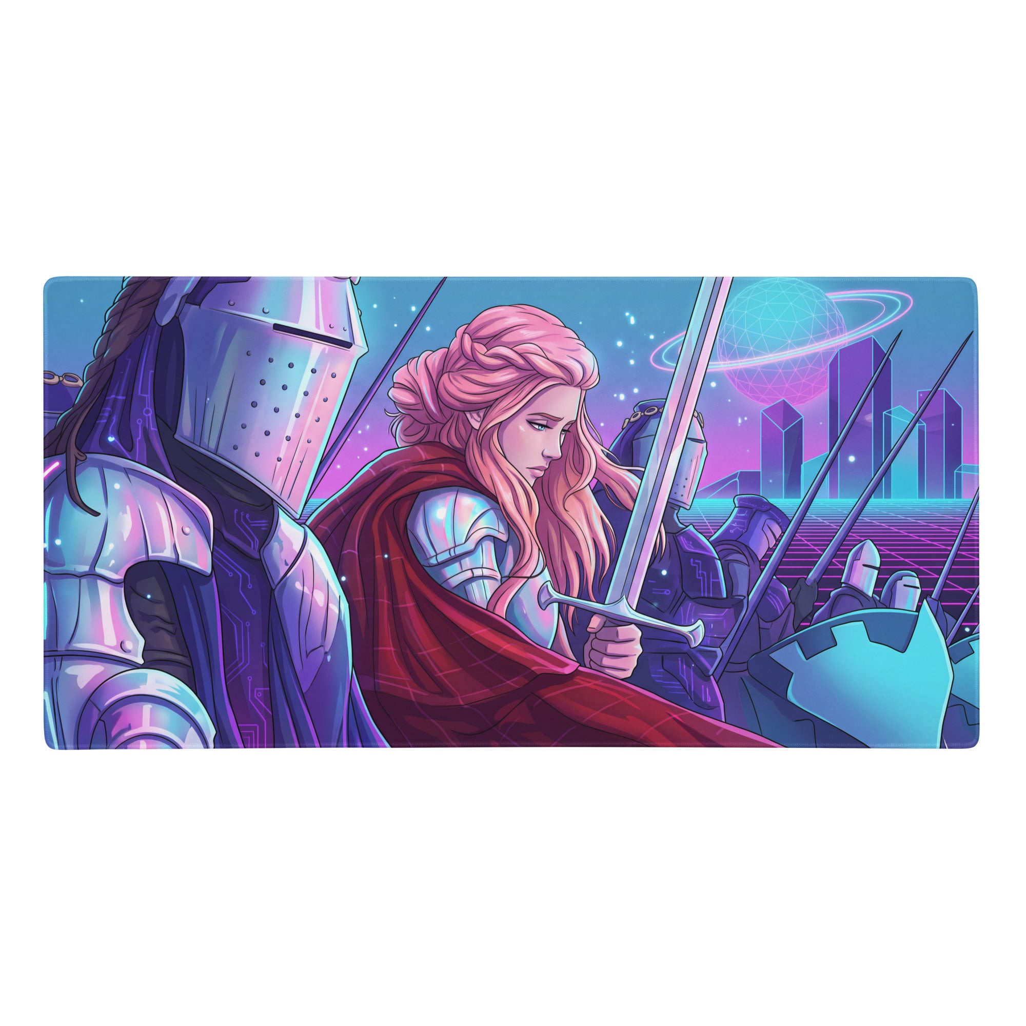 Neon Knight vaporwave rectangular gaming mouse pad with vibrant pink-haired warrior and neon purple blue cityscape design