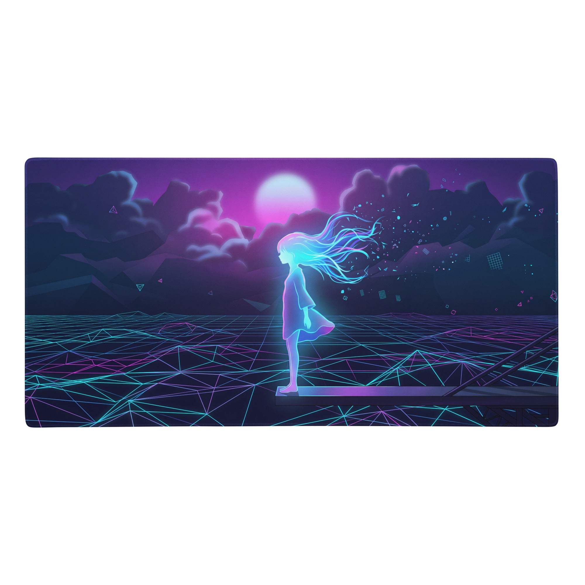 Vaporwave neon galaxy mouse pad with neon purple and cyan digital art of glowing anime girl on geometric grid under moon