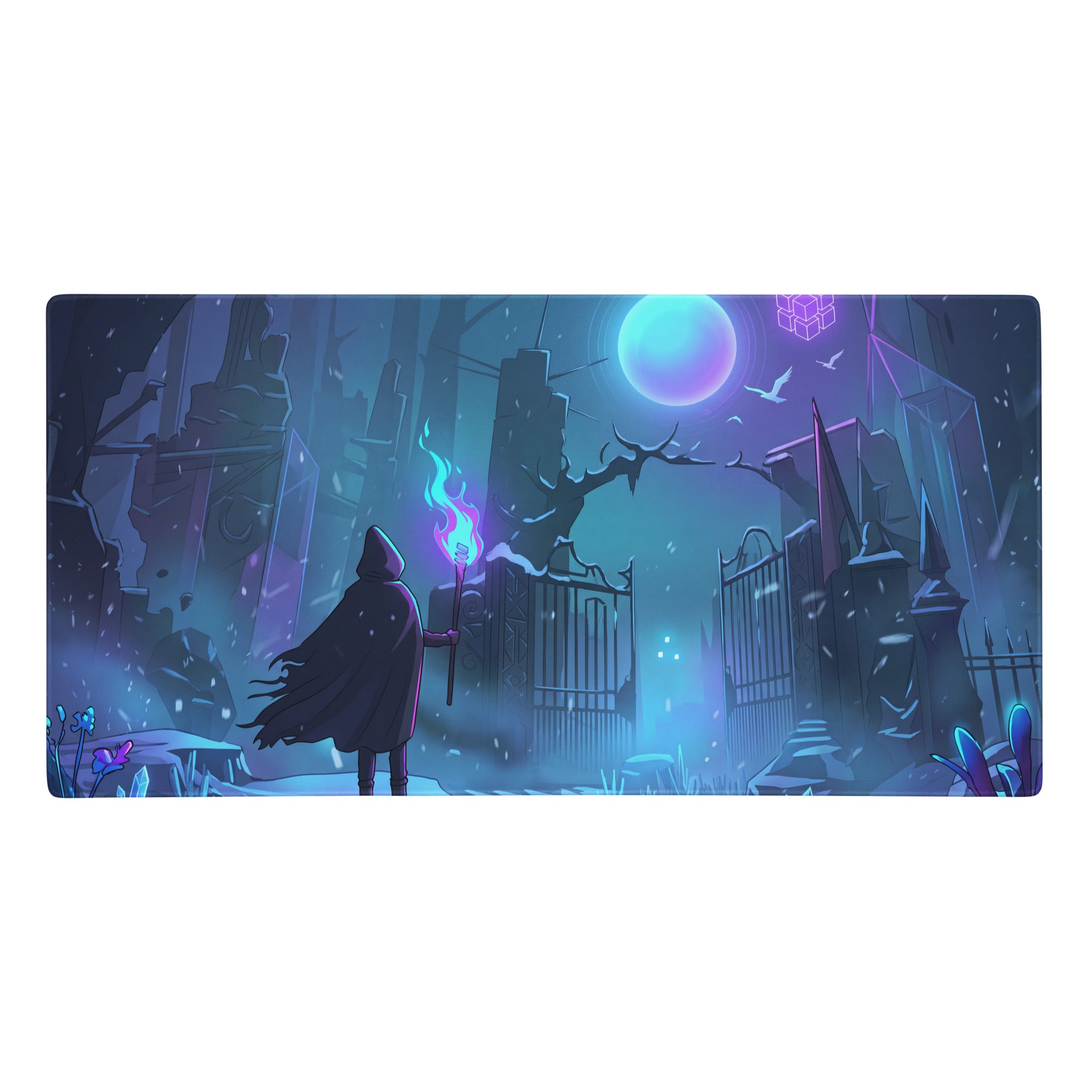 Rectangular neon night vaporwave arena gaming mousepad in blue and purple with a hooded figure and glowing torch design