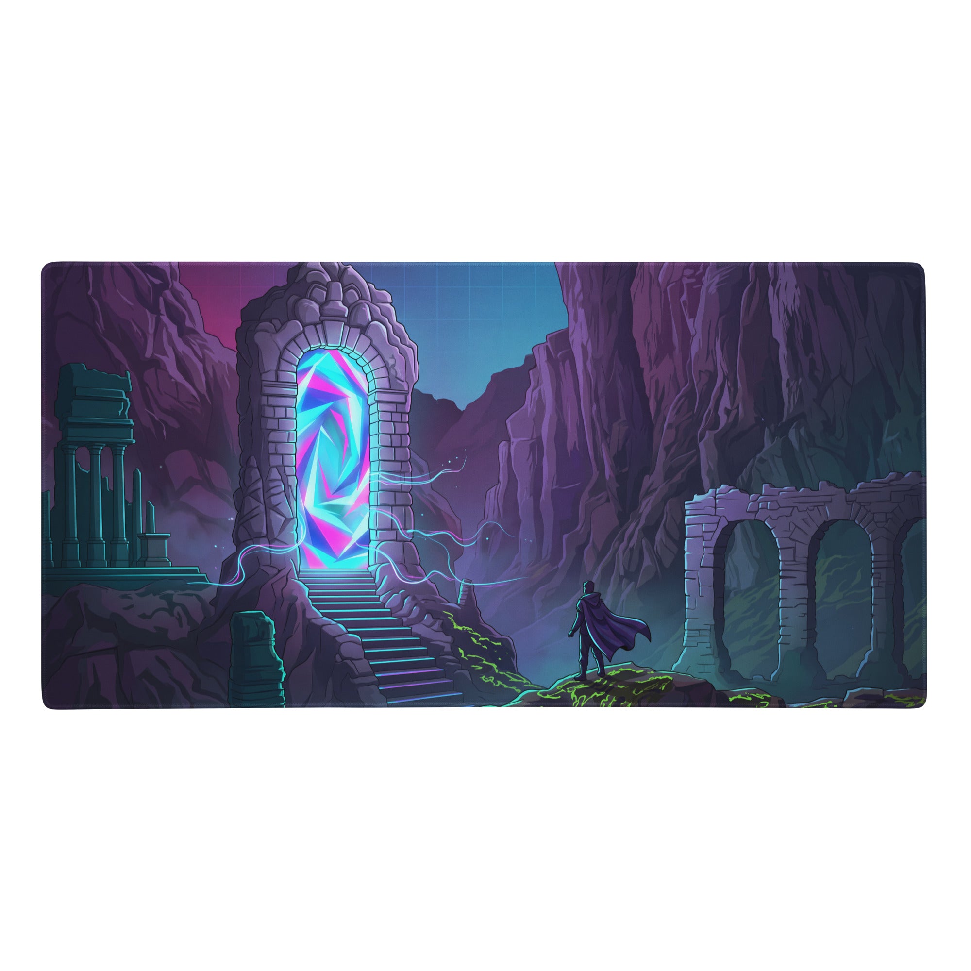 Vaporwave portal neon rectangular gaming mouse pad with vibrant purple pink and blue fantasy stone archway design