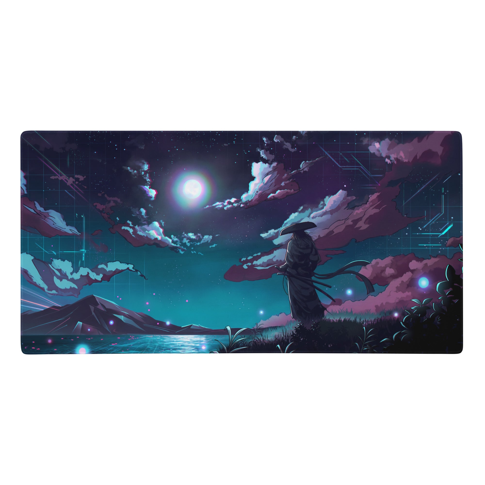 Neon night vaporwave mouse pad with digital art of a lone figure by water under purple and teal cyberpunk sky