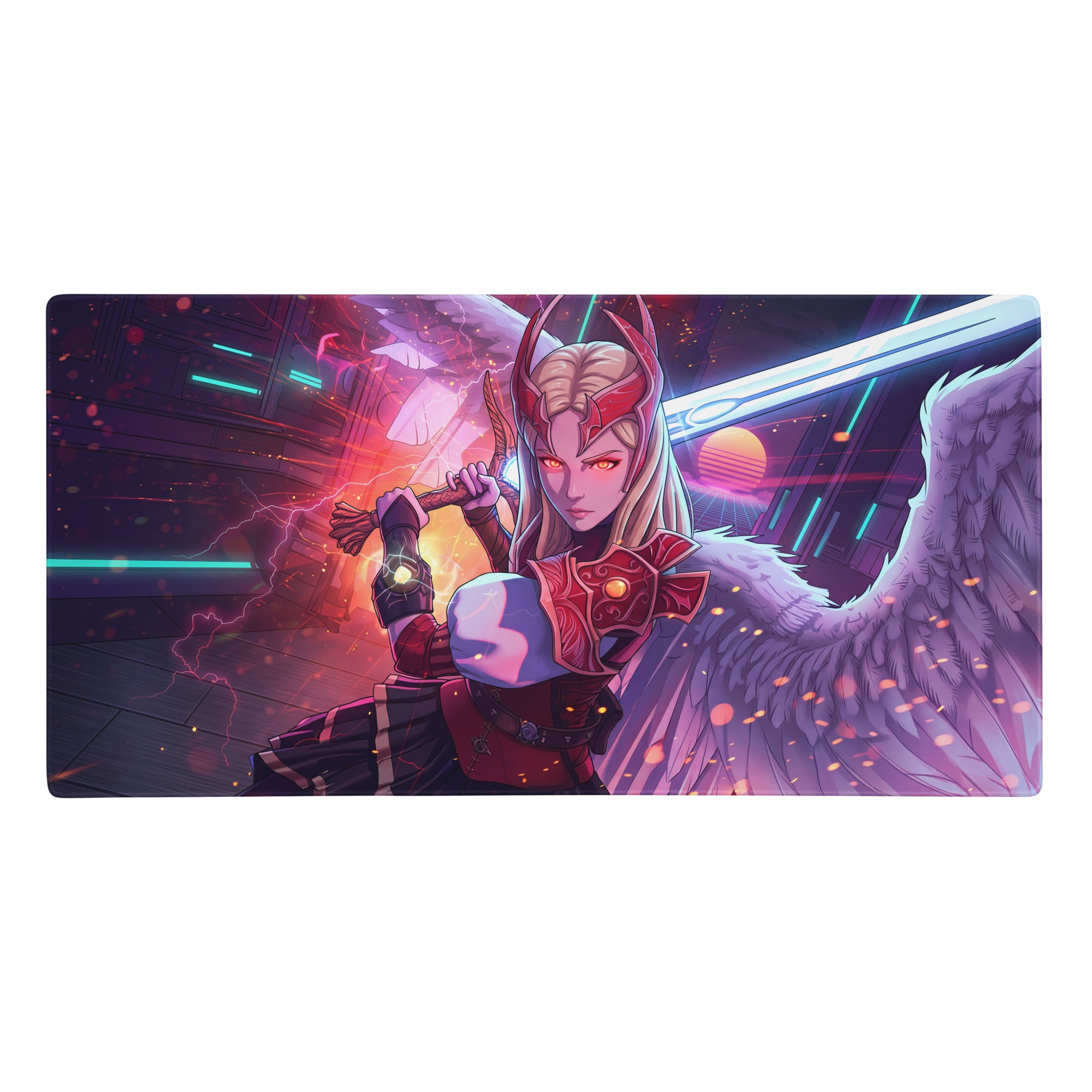 Vaporwave neon valkyrie gaming mouse pad featuring a vibrant purple angelic warrior with red gold armor and cosmic backdrop