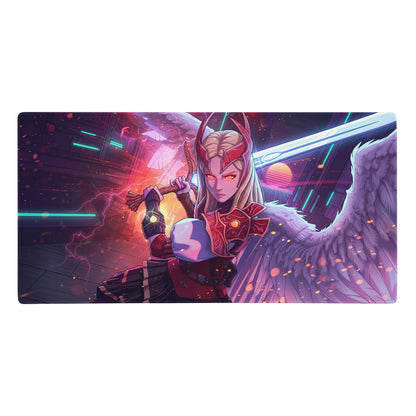 Vaporwave neon valkyrie gaming mouse pad featuring a vibrant purple angelic warrior with red gold armor and cosmic backdrop