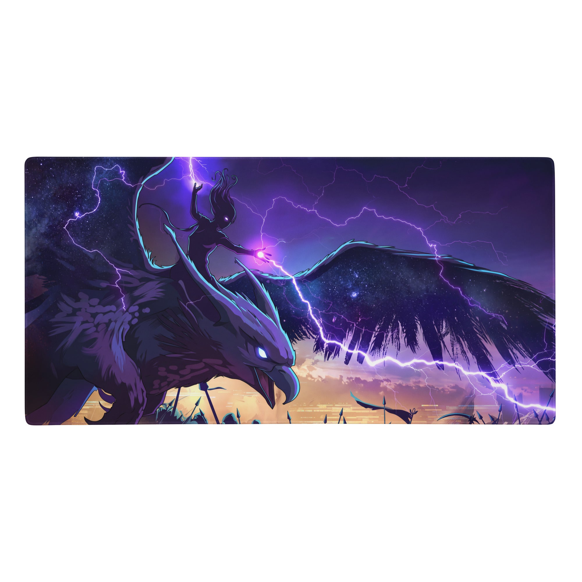 Vaporwave dragon neon mouse pad featuring a purple and blue lightning design with a fantasy figure riding a winged creature