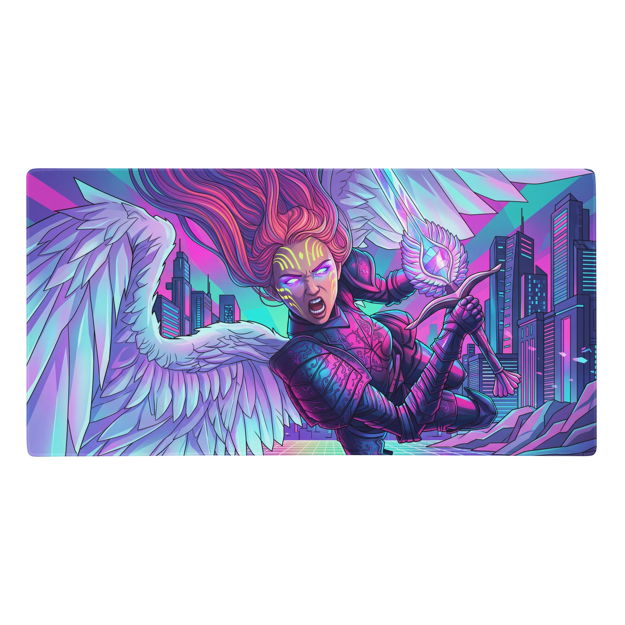 Vibrant neon pink and purple vaporwave gaming mousepad with winged archer in futuristic armor on cyberpunk cityscape
