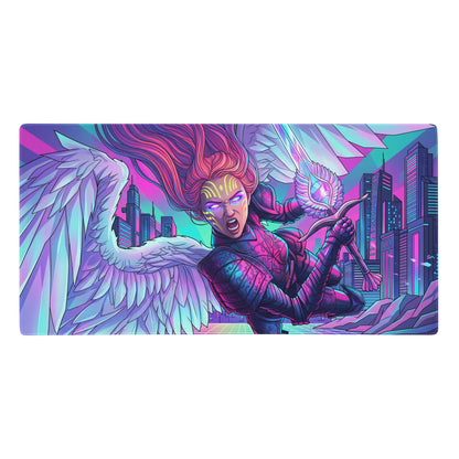 Vibrant neon pink and purple vaporwave gaming mousepad with winged archer in futuristic armor on cyberpunk cityscape