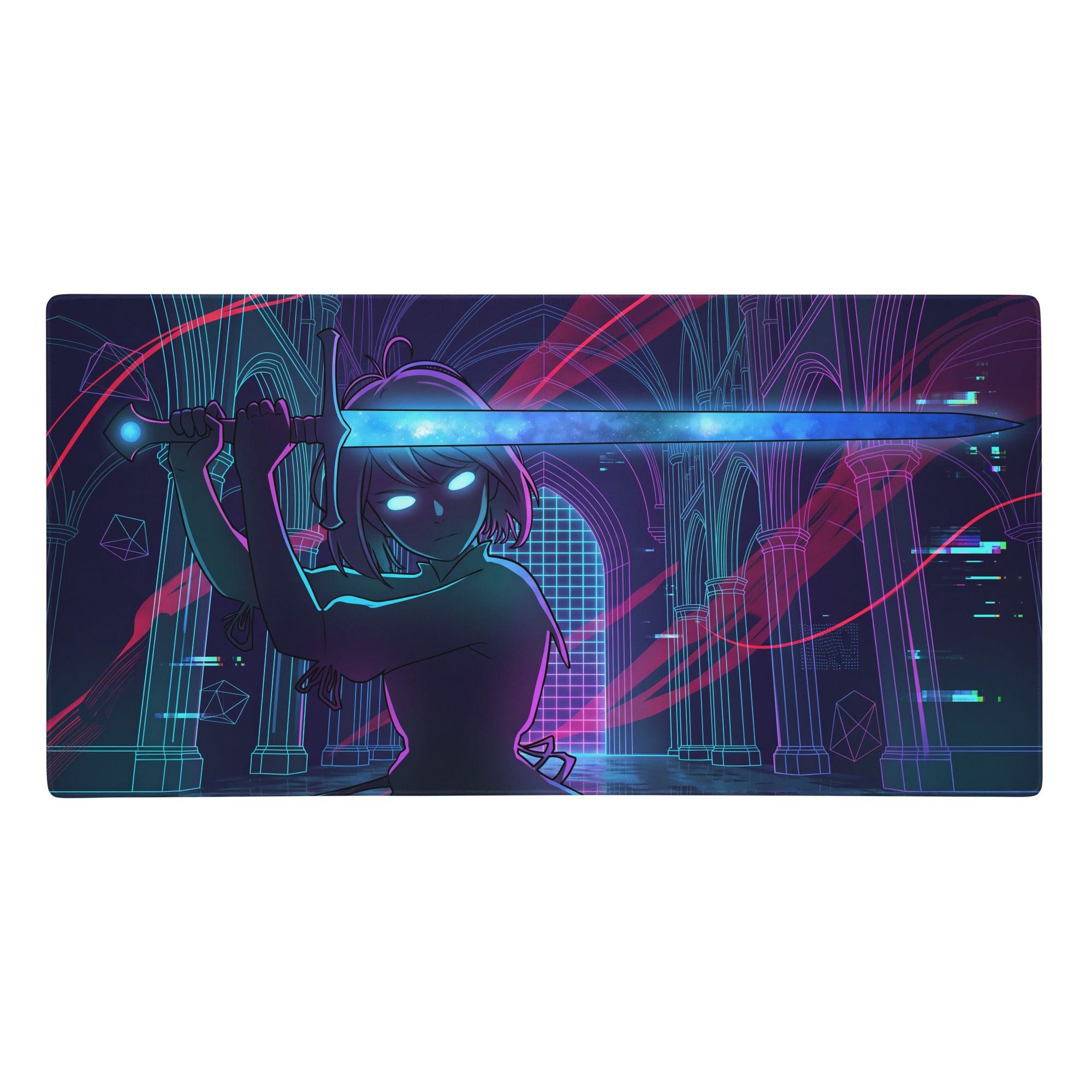 Vaporwave neon blade gaming mouse pad with neon blue magenta cyberpunk anime character holding glowing sword