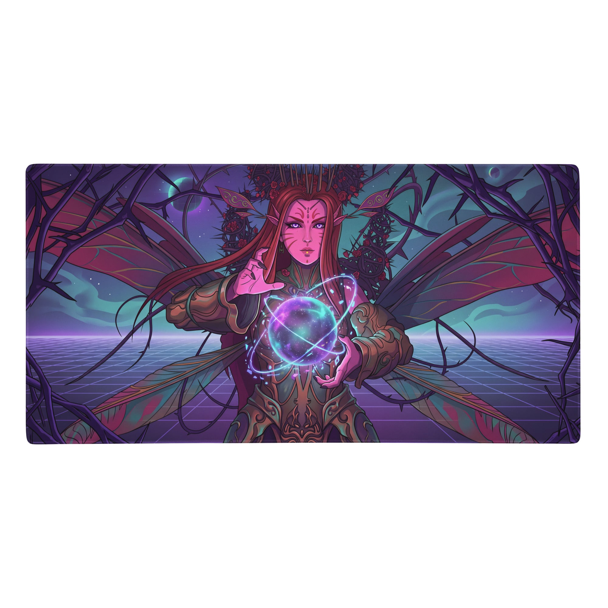 Purple and teal vaporwave elf neon mouse pad with winged character holding glowing orb for dreamy desk use