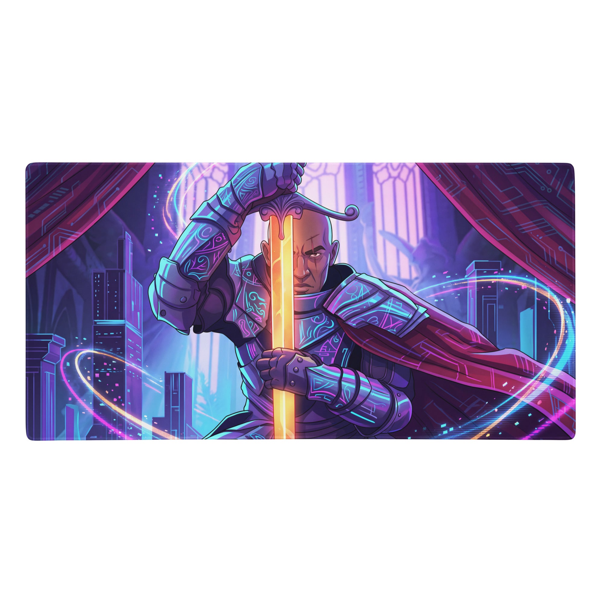 Narrow rectangular gaming mouse pad featuring a neon vaporwave samurai in purple blue armor with glowing orange sword