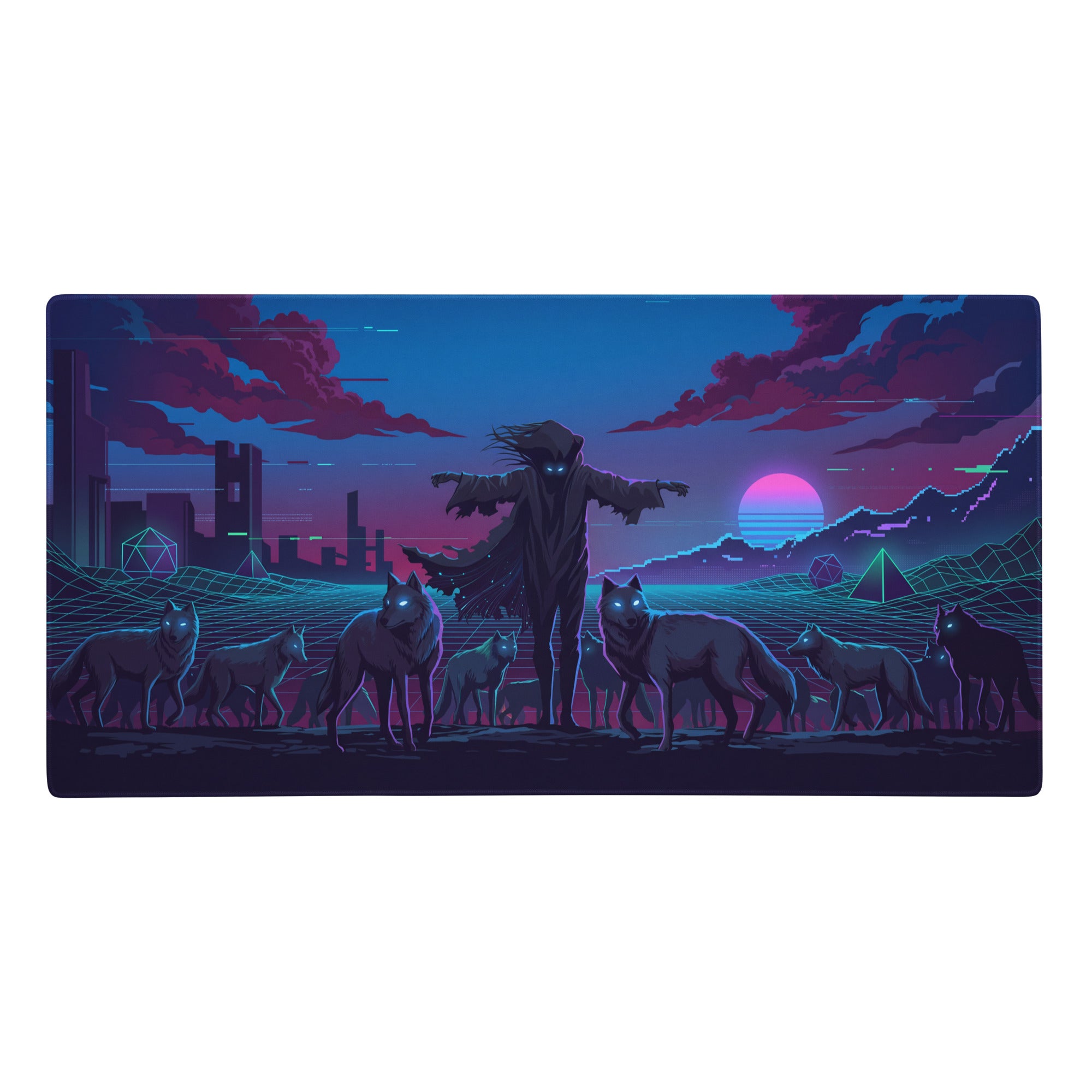 Vaporwave wolf neon mouse pad with a nebula theme, dark silhouette, glowing eyes, and pink purple sunset for gaming desk