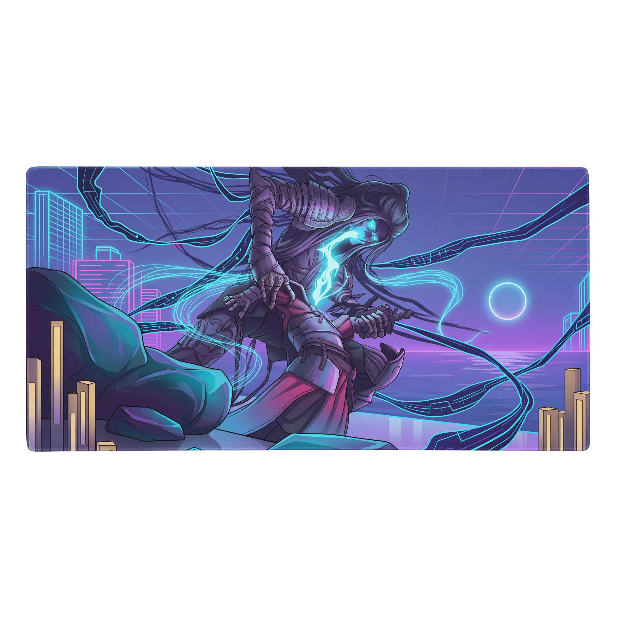 Neon vaporwave gaming mouse pad with nebula-themed cyberpunk warrior in purple and teal armor and glowing blue energy effects