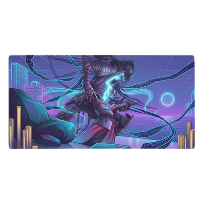 Neon vaporwave gaming mouse pad with nebula-themed cyberpunk warrior in purple and teal armor and glowing blue energy effects