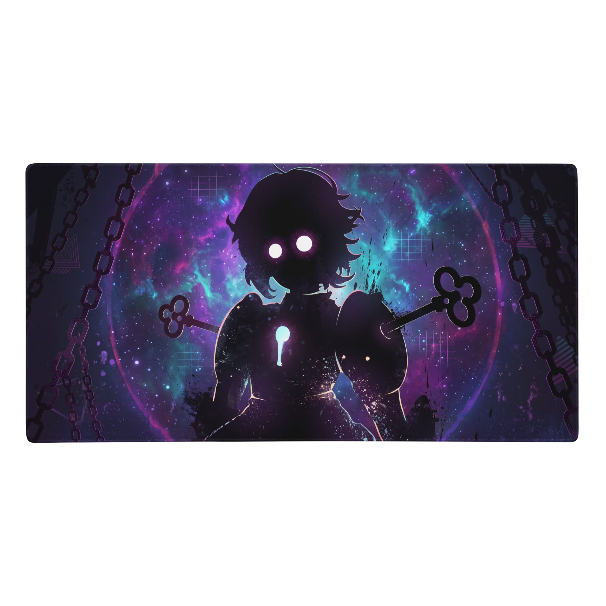 Vaporwave neon gaming mouse pad with anime-style silhouette holding ornate keys on a vibrant purple blue cosmic background
