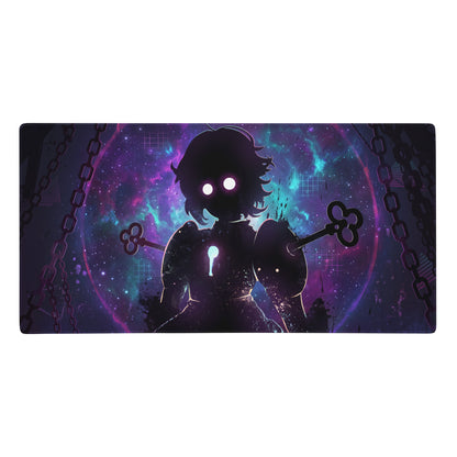 Vaporwave neon gaming mouse pad with anime-style silhouette holding ornate keys on a vibrant purple blue cosmic background