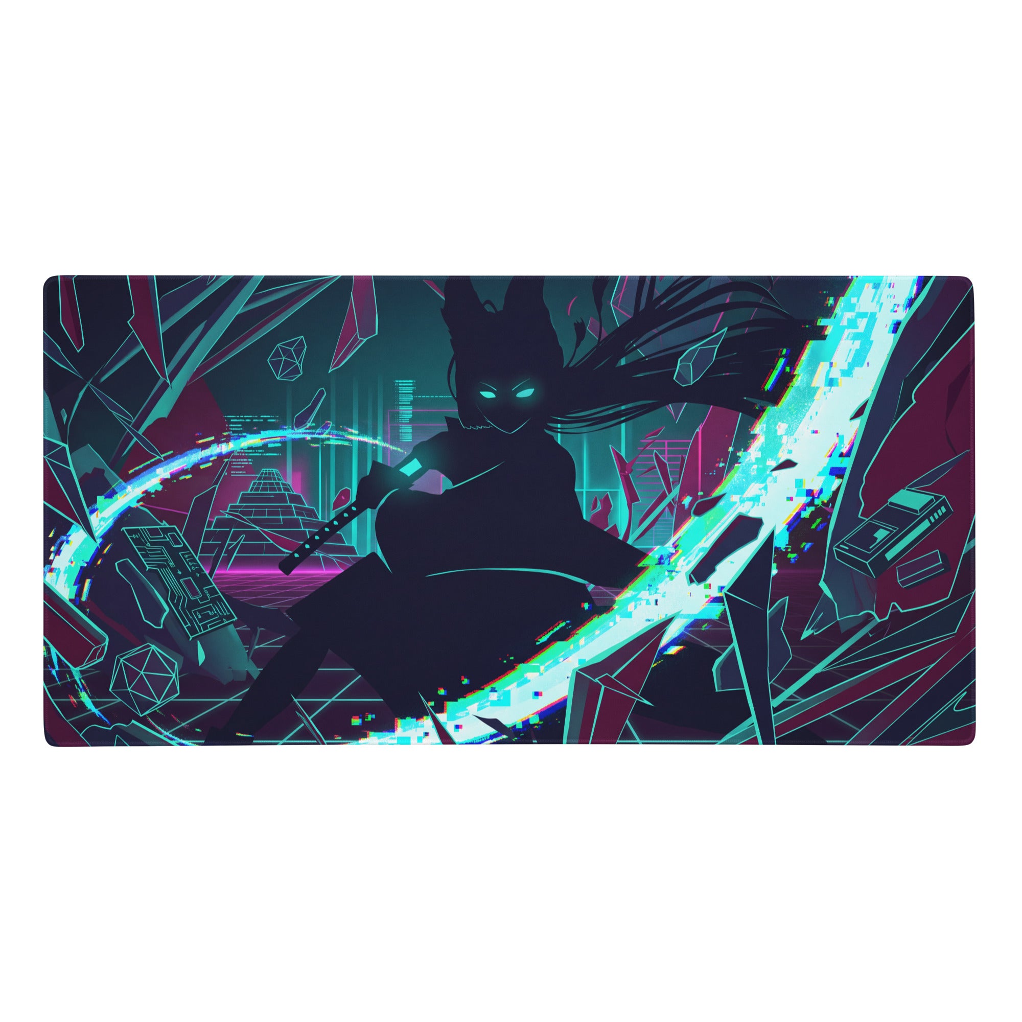 Neon vaporwave gaming mouse pad with nebula theme featuring anime character with glowing cyan eyes on neon pink and teal background
