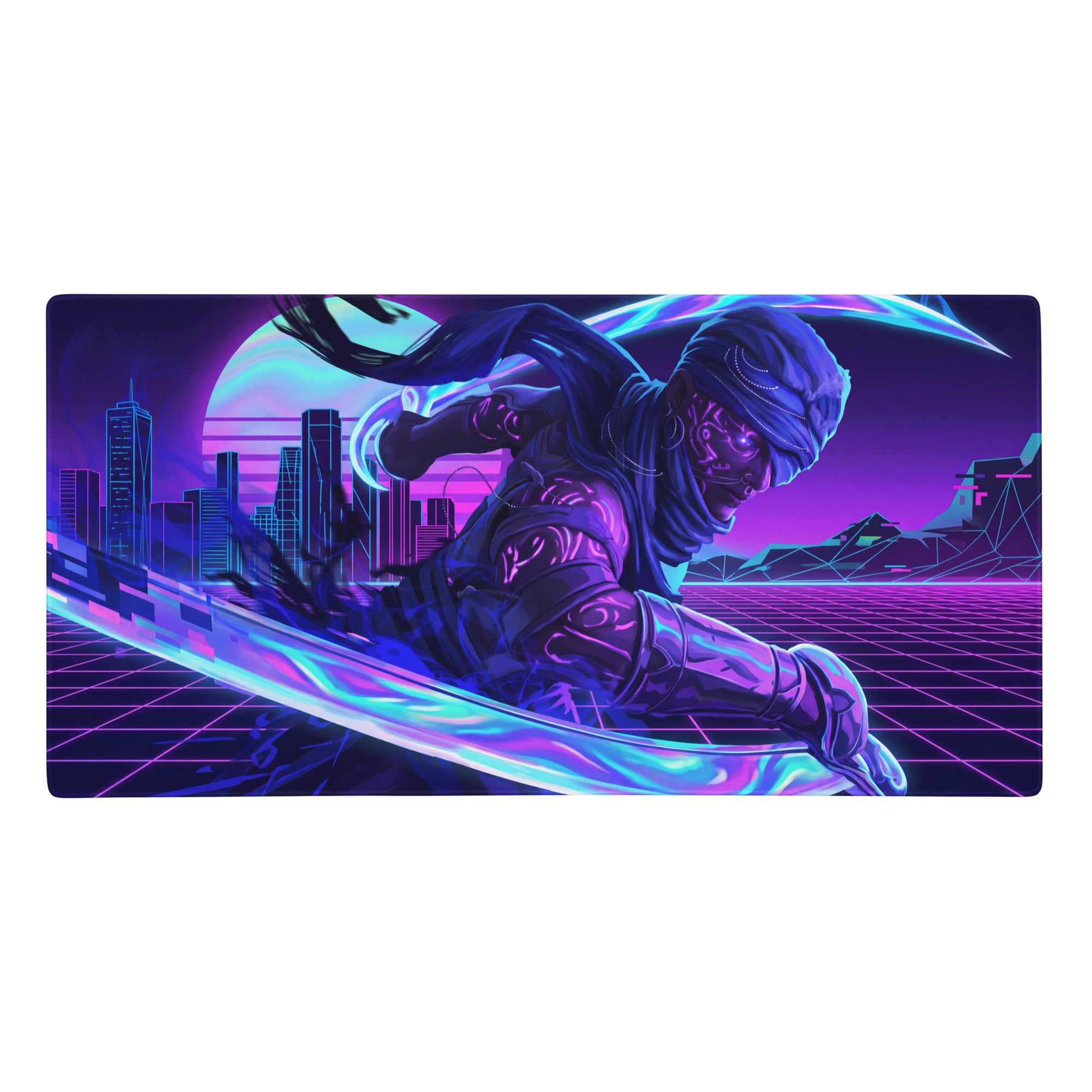 Neon vaporwave nightscape gaming mouse pad with vibrant neon purple and blue cyberpunk ninja-themed design