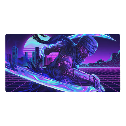 Neon vaporwave nightscape gaming mouse pad with vibrant neon purple and blue cyberpunk ninja-themed design