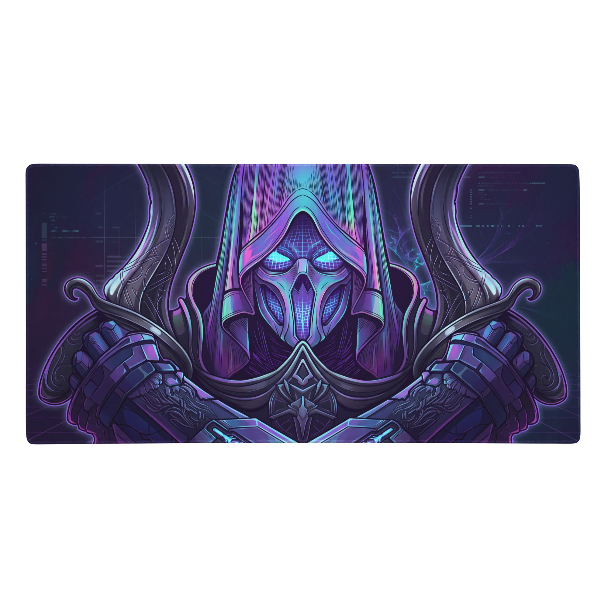 Neon vaporwave gaming mouse pad with purple and blue neon-lit digital art of hooded armored figure with glowing eyes