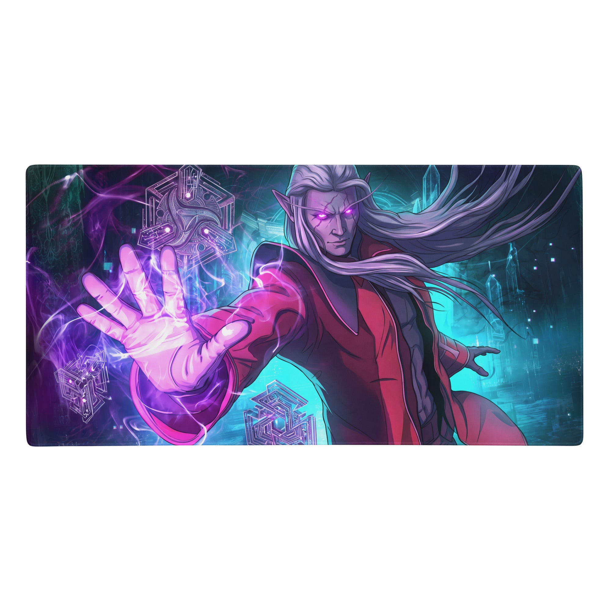 Rectangular gaming mousepad with vibrant anime-style elf illustration in purple teal vaporwave cyberpunk design