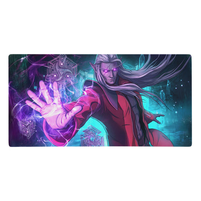 Rectangular gaming mousepad with vibrant anime-style elf illustration in purple teal vaporwave cyberpunk design