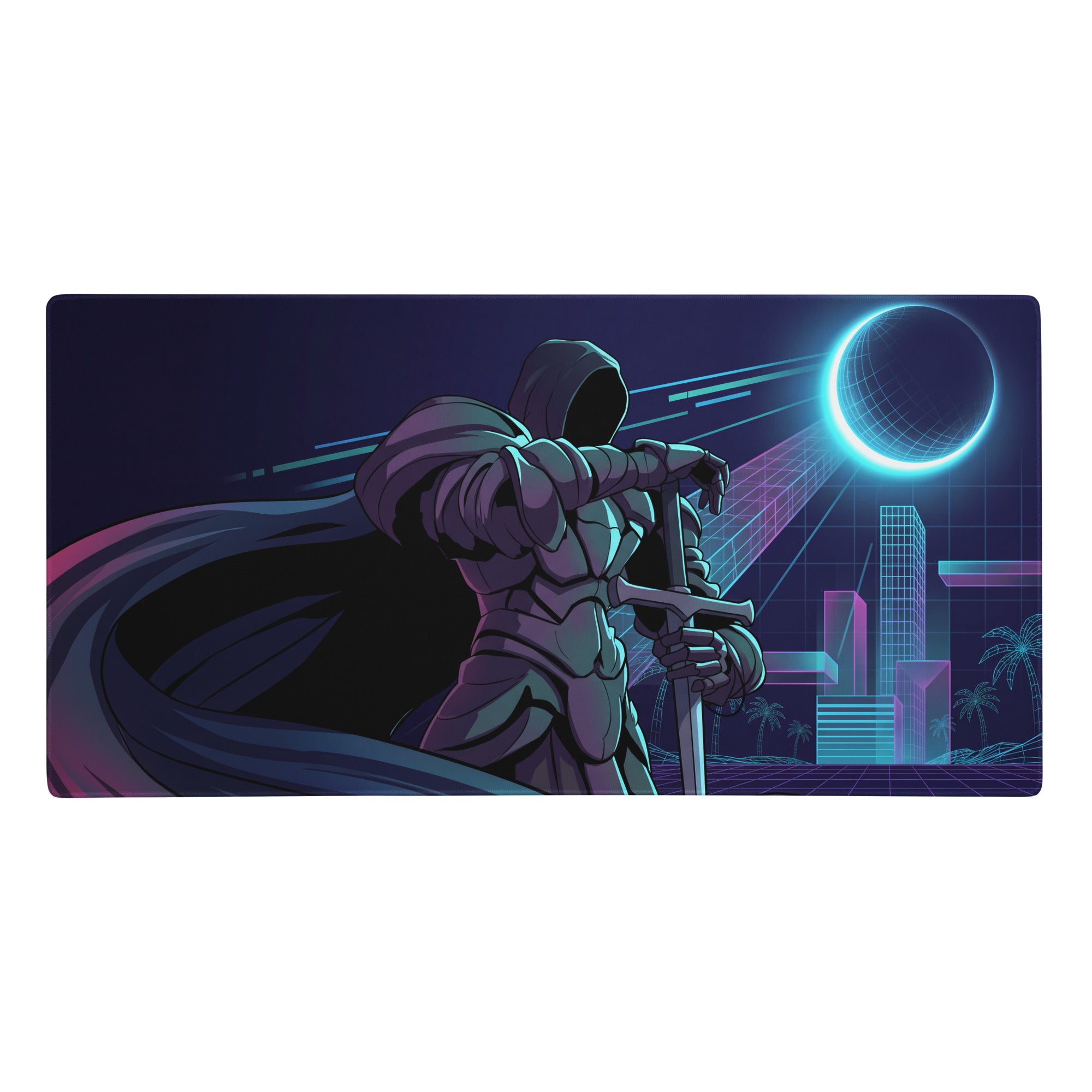 Nebula-themed gaming mousepad with neon blue and purple vaporwave colors featuring a hooded knight in metallic armor