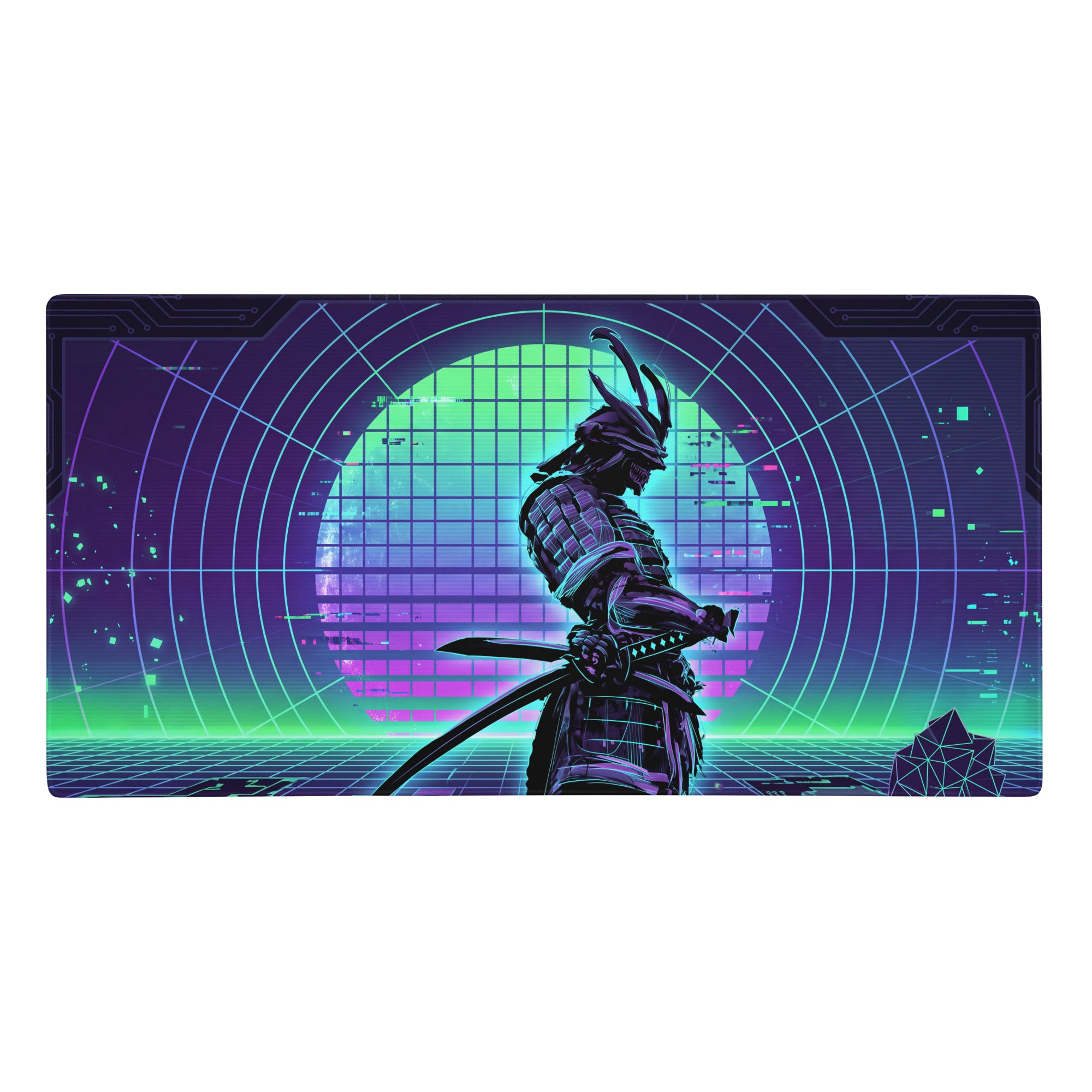 Vaporwave neon circuit pad gaming mouse pad featuring samurai in dark armor with katana on purple neon cyberpunk grid