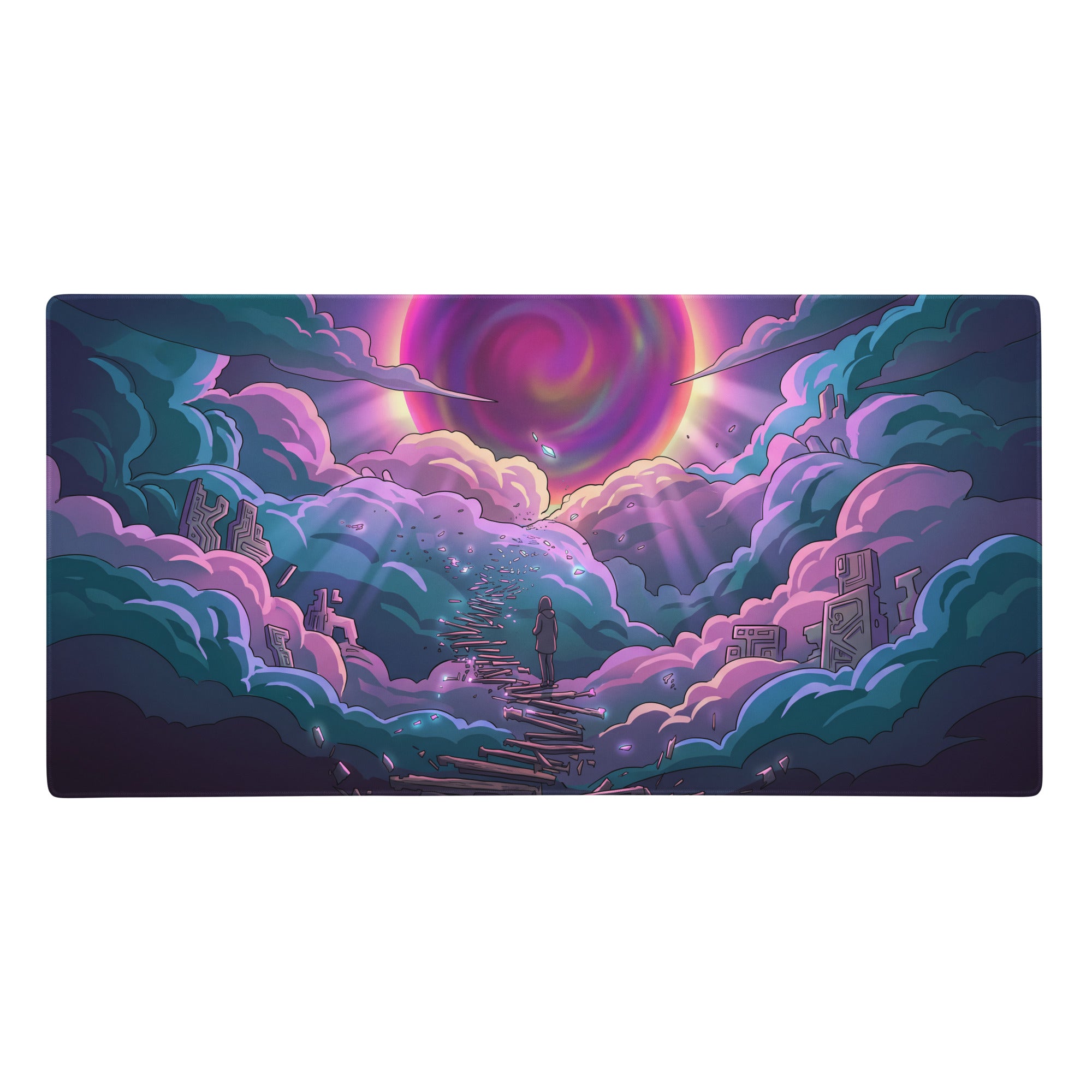 Vaporwave neon sky gaming mouse pad with vibrant purple pink cyan illustration of figure climbing stairs toward spiral sun