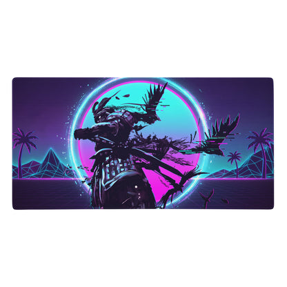 Vaporwave neon night gaming mouse pad with ninja go samurai design in vibrant purple pink cyan for cyberpunk desk setup