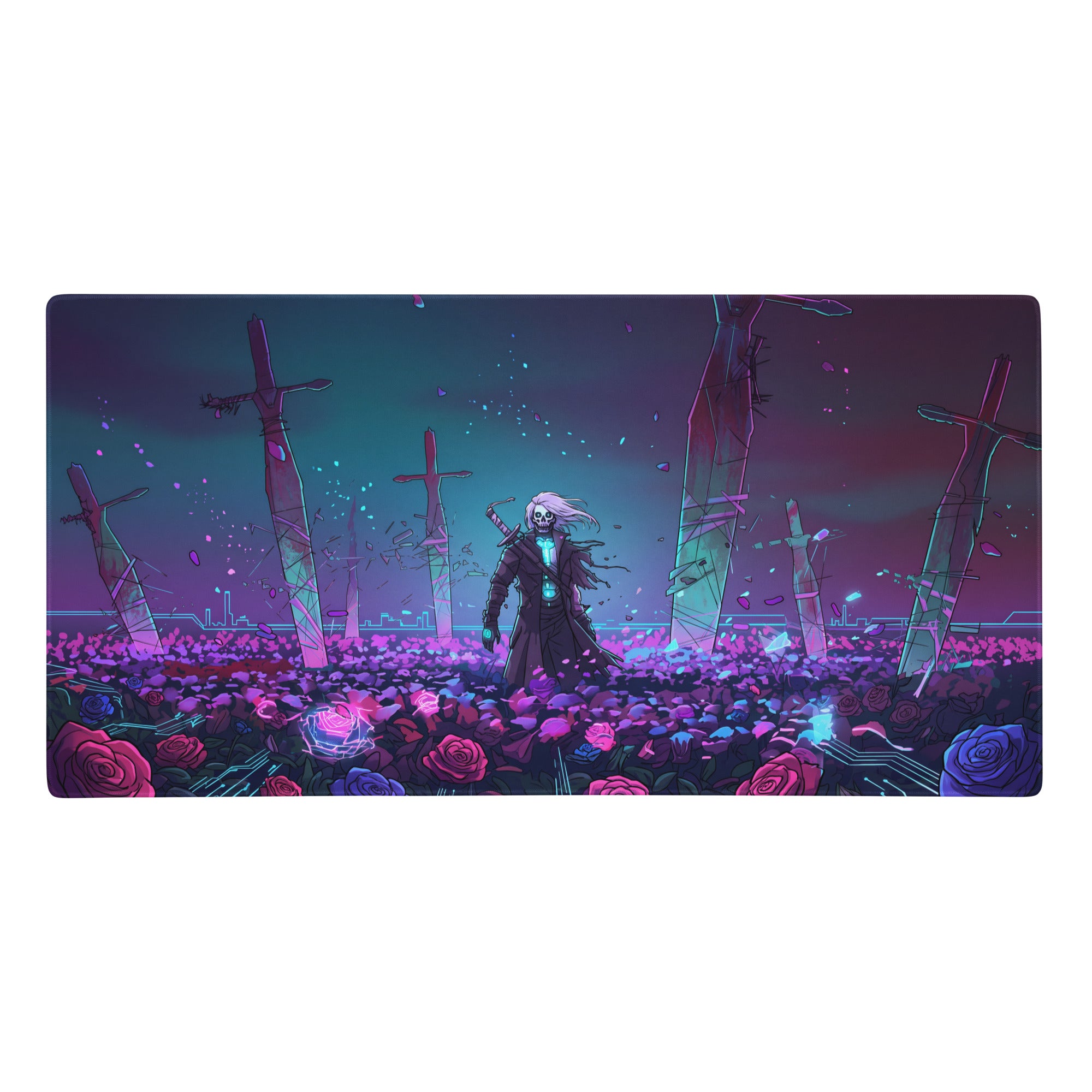 Narrow rectangular neon vaporwave desk pad with stylized skeleton and glowing pink purple roses under neon crosses