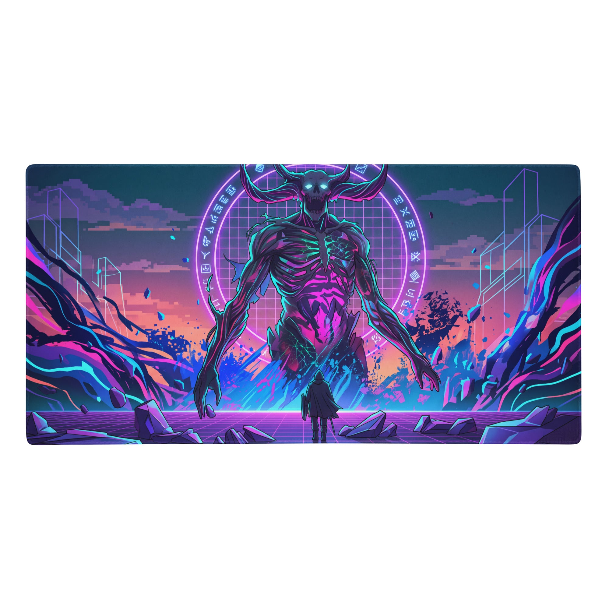 Neon vaporwave skull pad gaming mousepad in purple pink cyan featuring a skeletal demon over a futuristic cityscape