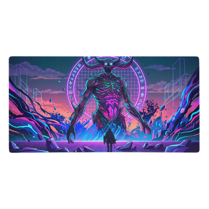 Neon vaporwave skull pad gaming mousepad in purple pink cyan featuring a skeletal demon over a futuristic cityscape