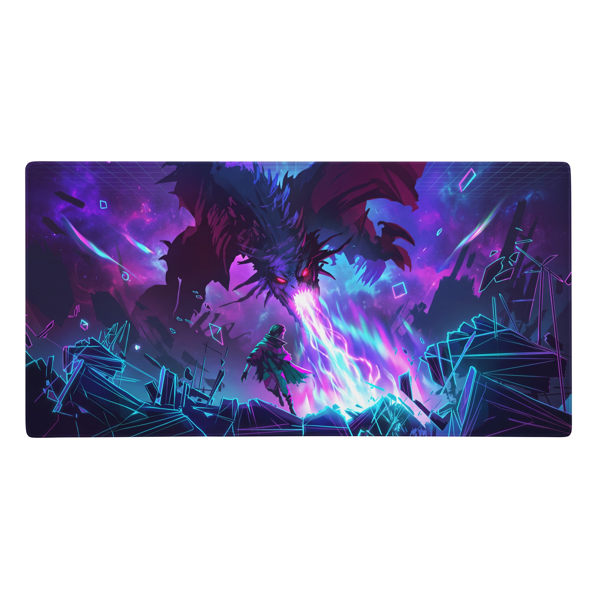 Neon dragon vaporwave gaming mouse pad featuring a nebula-themed fantasy battle with purple and blue neon hues
