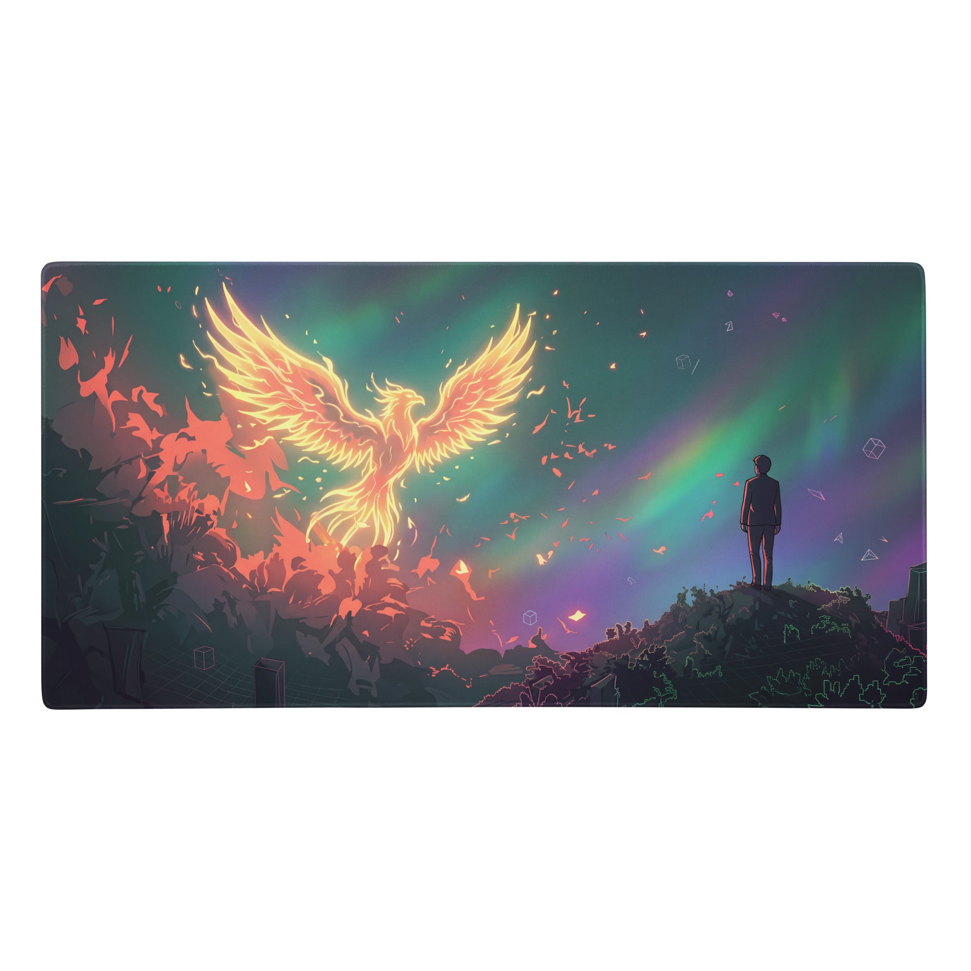 Rectangular gaming mousepad with vibrant glowing golden phoenix over fiery ruins and colorful aurora sky vaporwave aesthetic
