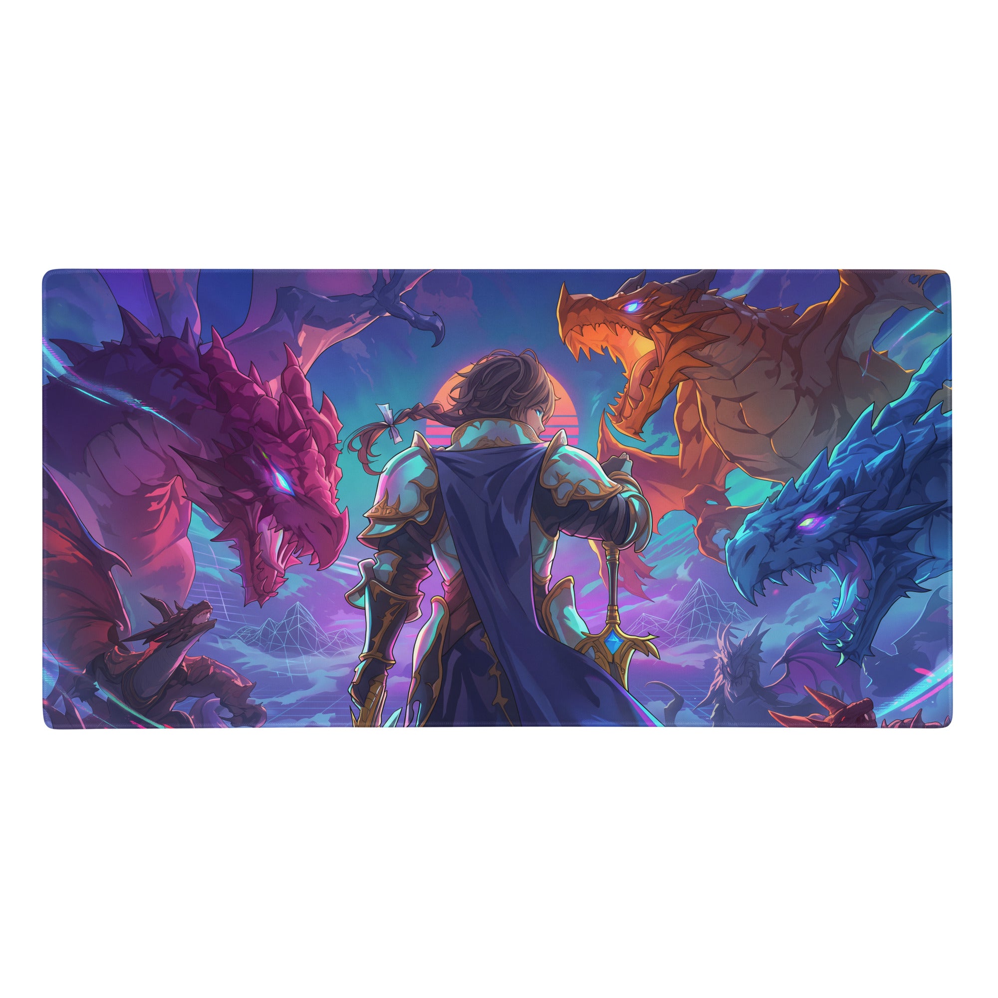 Vibrant vaporwave dragon arena mouse pad featuring a central armored warrior with colorful dragons on purple pink blue background