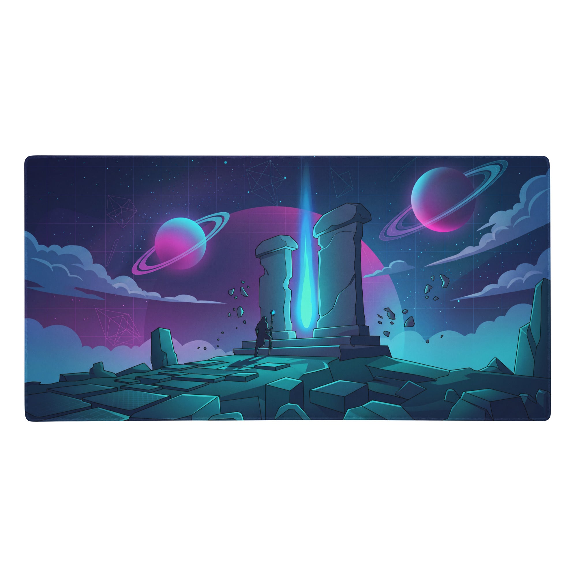 Vaporwave neon galaxy gaming mouse pad with navy blue and purple cosmic design featuring glowing planets and ancient pillars