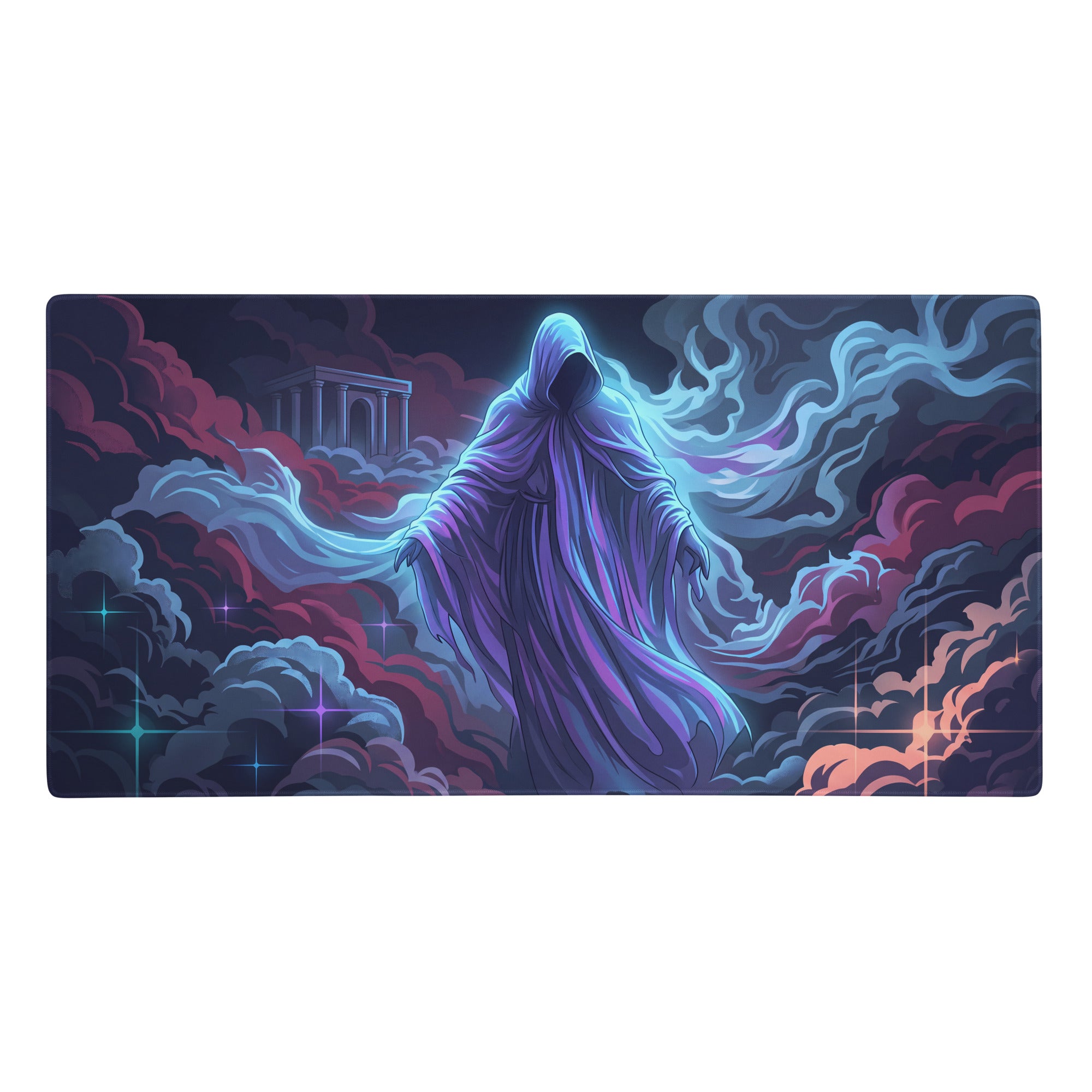 Vaporwave neon rectangular gaming mousepad with vivid hooded figure in purple blue robes and cosmic stars design