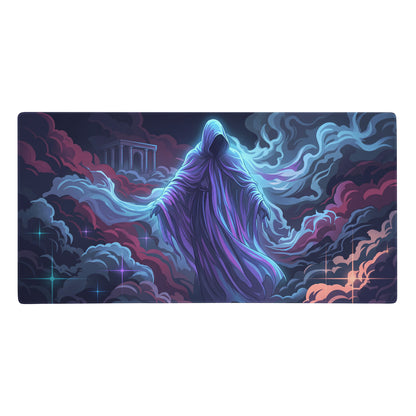 Vaporwave neon rectangular gaming mousepad with vivid hooded figure in purple blue robes and cosmic stars design