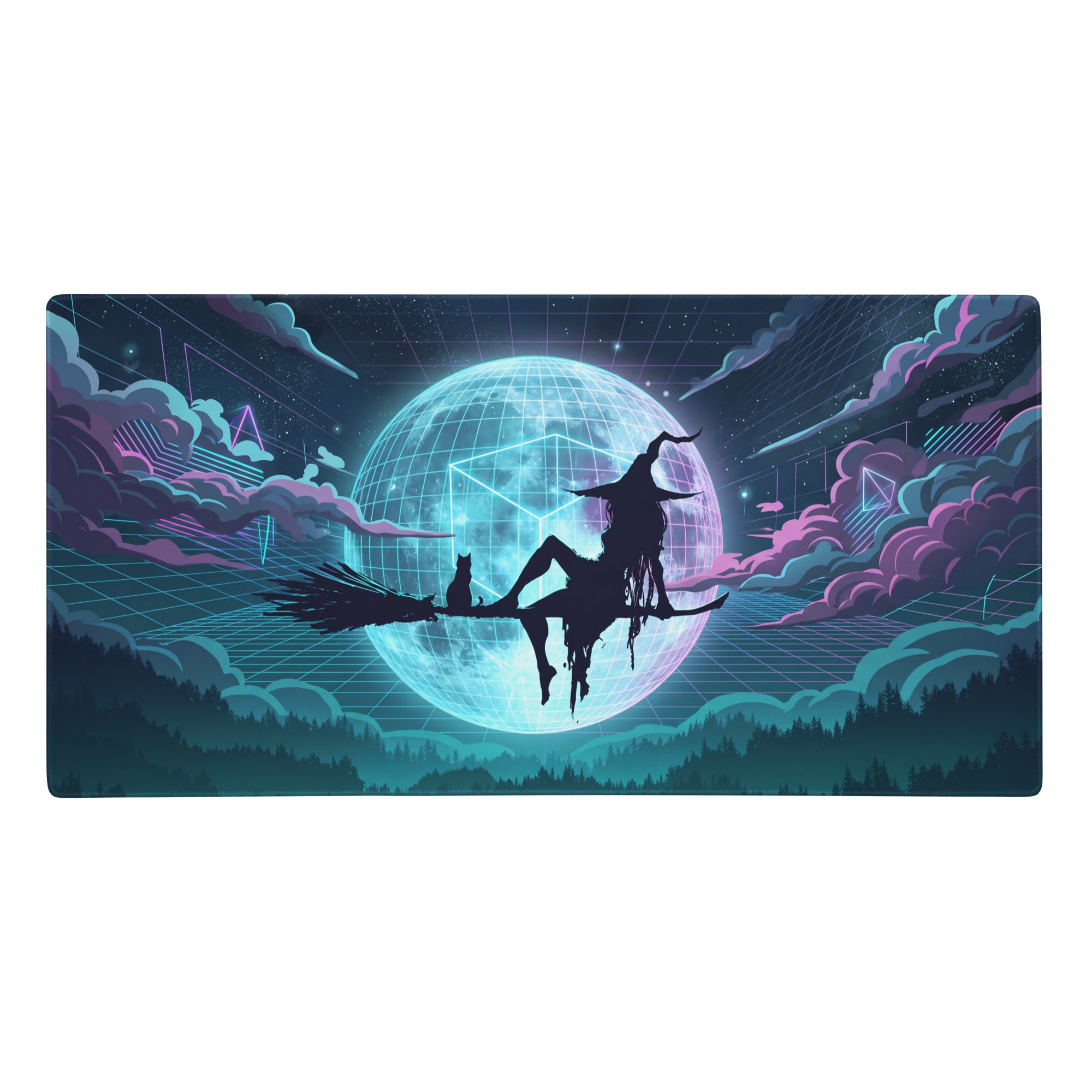 Vaporwave neon globe pad gaming mousepad with nebula theme featuring a witch and cat silhouette neon purple clouds