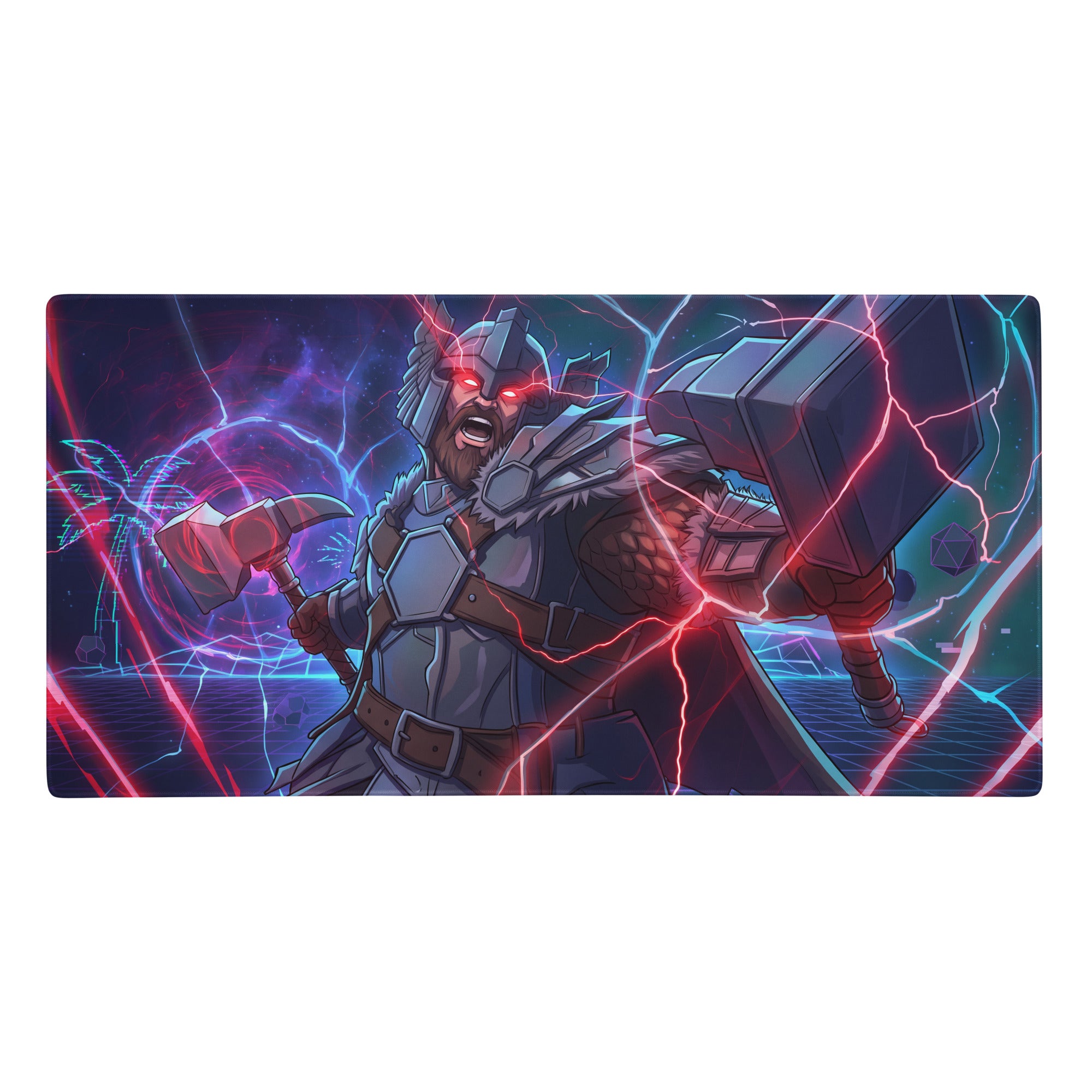 Vibrant rectangular gaming mouse pad with thor in metallic armor glowing red eyes and lightning effects neon vaporwave colors