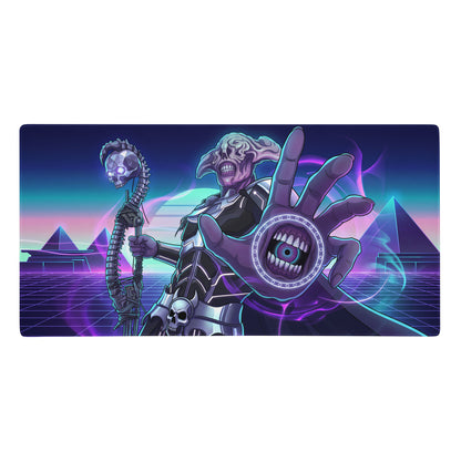 Necronomicon-themed gaming mousepad with skeletal figure in dark armor and neon purple blue vaporwave colors