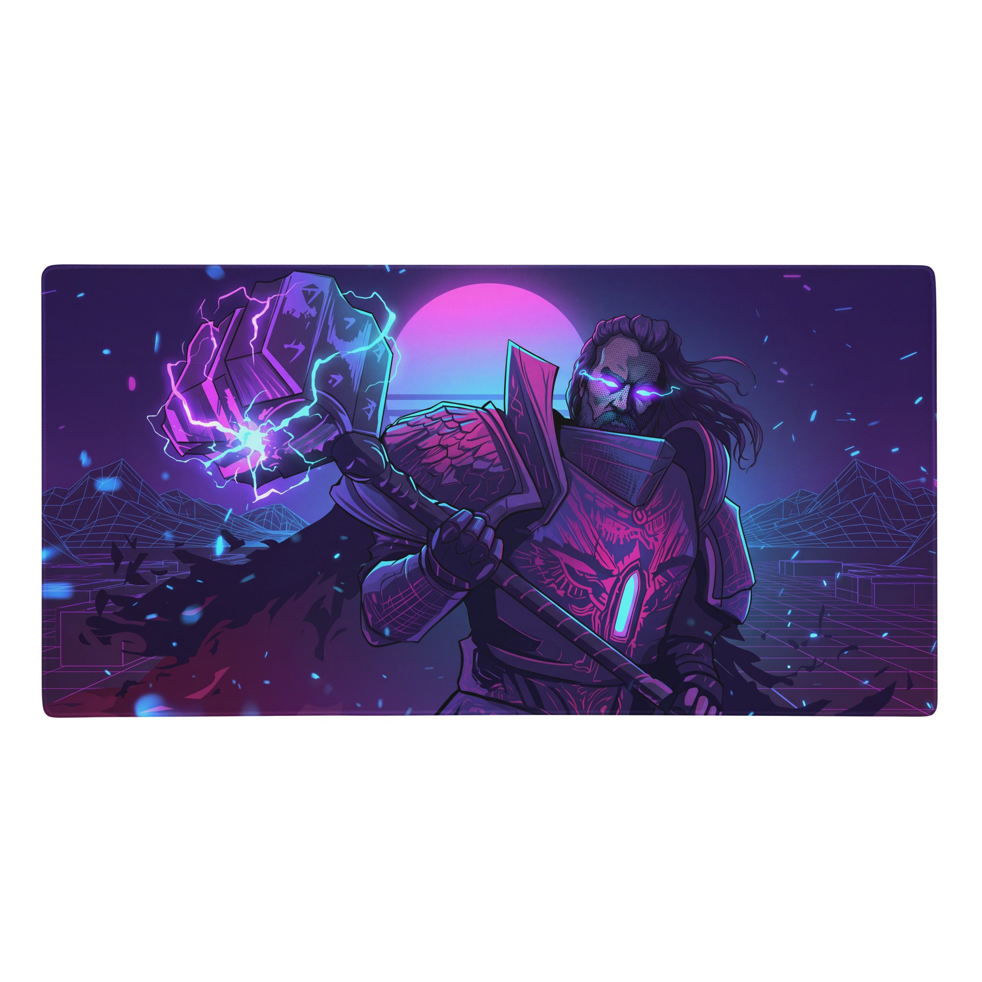 Neon vaporwave combat mouse pad featuring a nebula-themed cyberpunk warrior in purple pink and blue for gaming desks