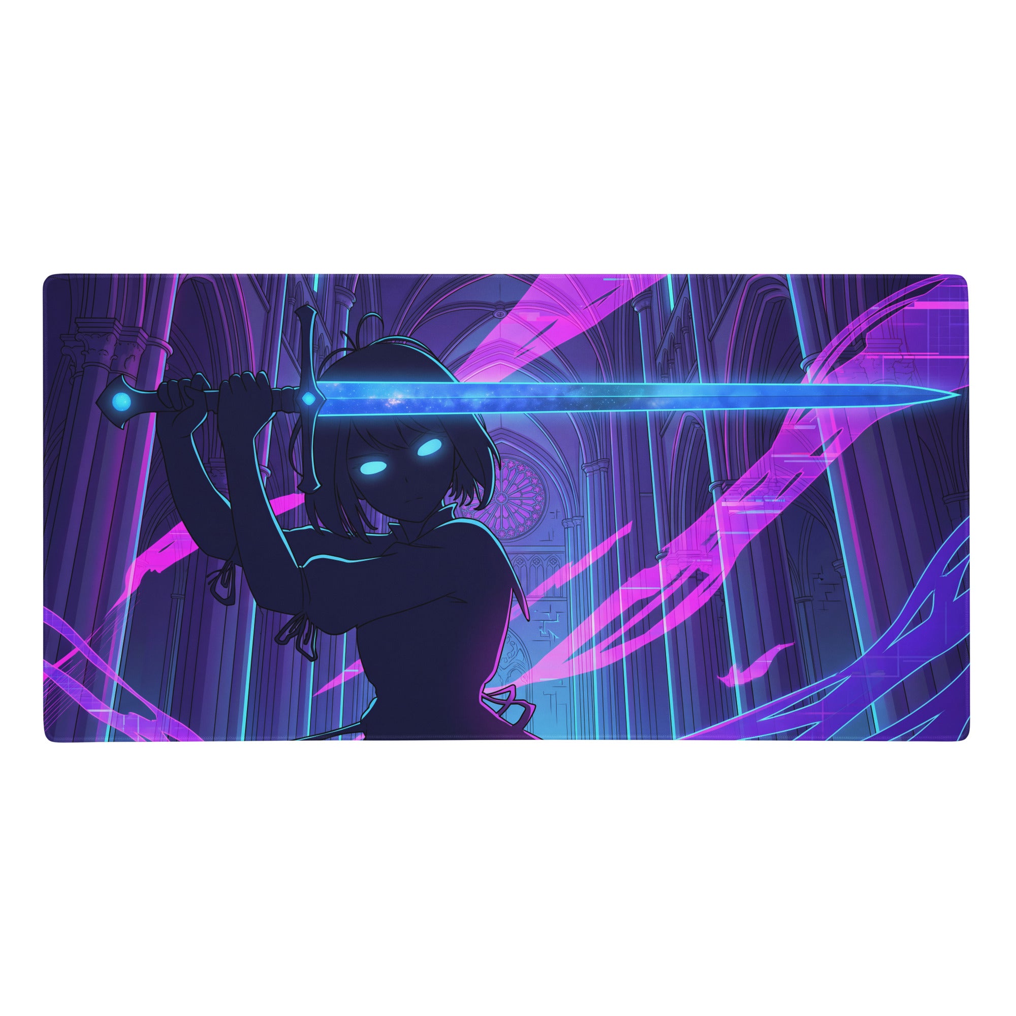 Neon vaporwave office mouse pad with neon purple and blue fantasy design featuring anime character with glowing sword