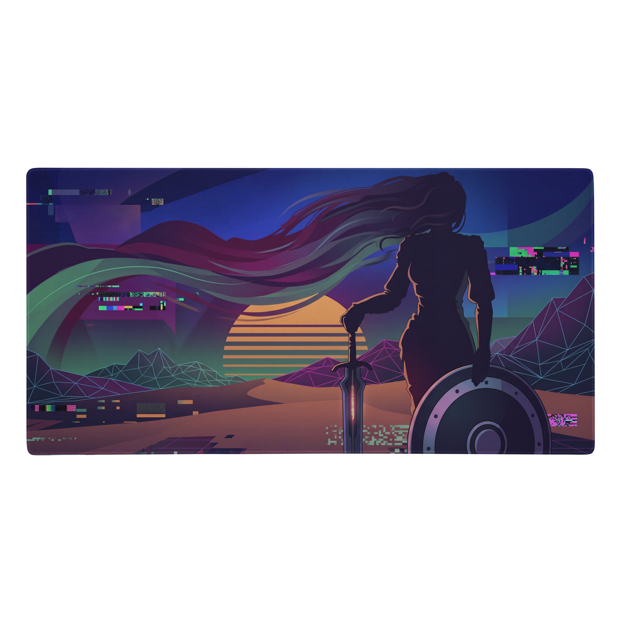 Rectangular vaporwave neon gamer desk pad featuring a warrior with sword and shield on a purple pink retro sunset background