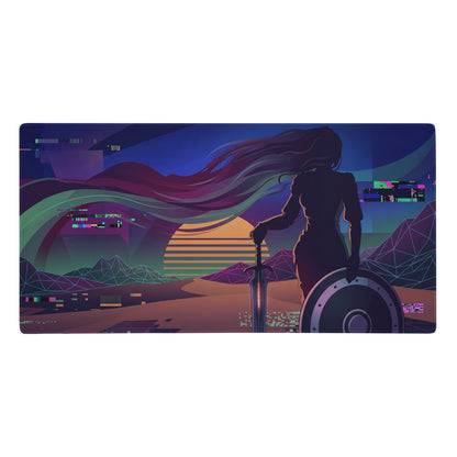 Rectangular vaporwave neon gamer desk pad featuring a warrior with sword and shield on a purple pink retro sunset background