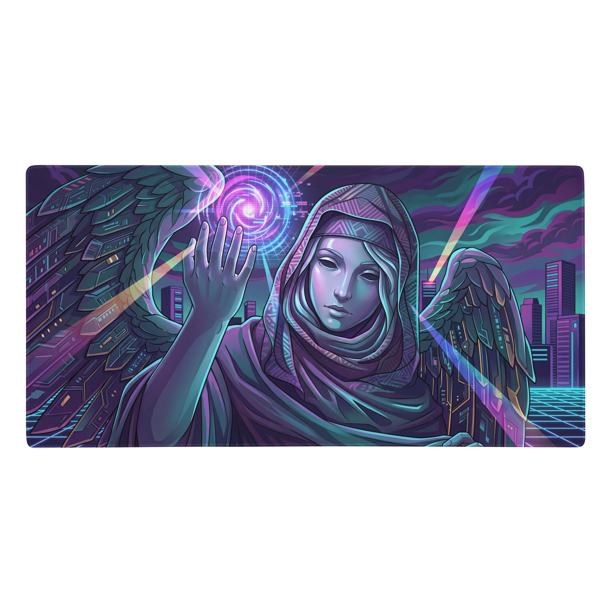 Vaporwave winged neon mouse pad with nebula-themed angelic wings in purple pink and teal for gaming desks