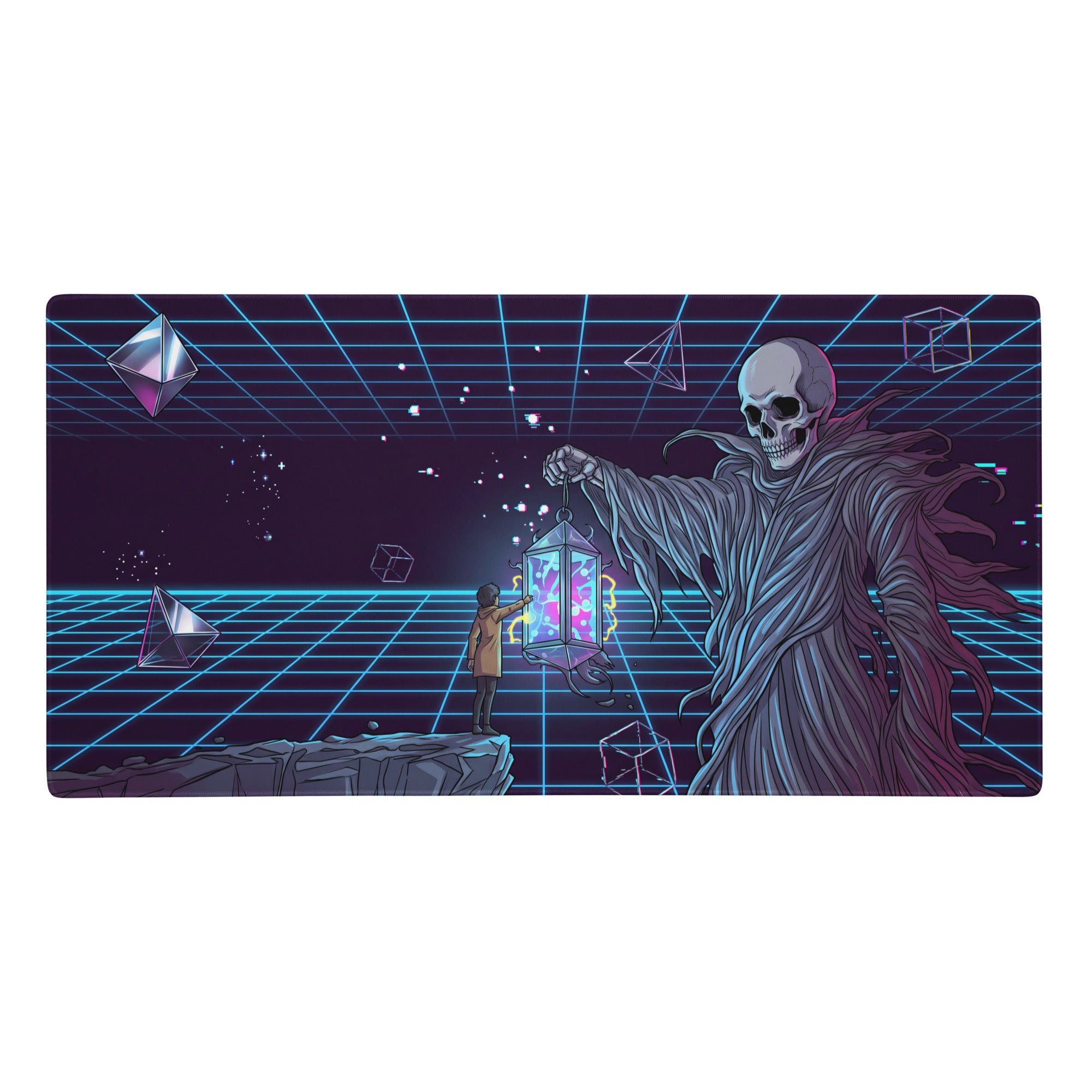 Neon vaporwave skeleton gaming mousepad with digital art of skeletal figure holding lantern on blue grid background