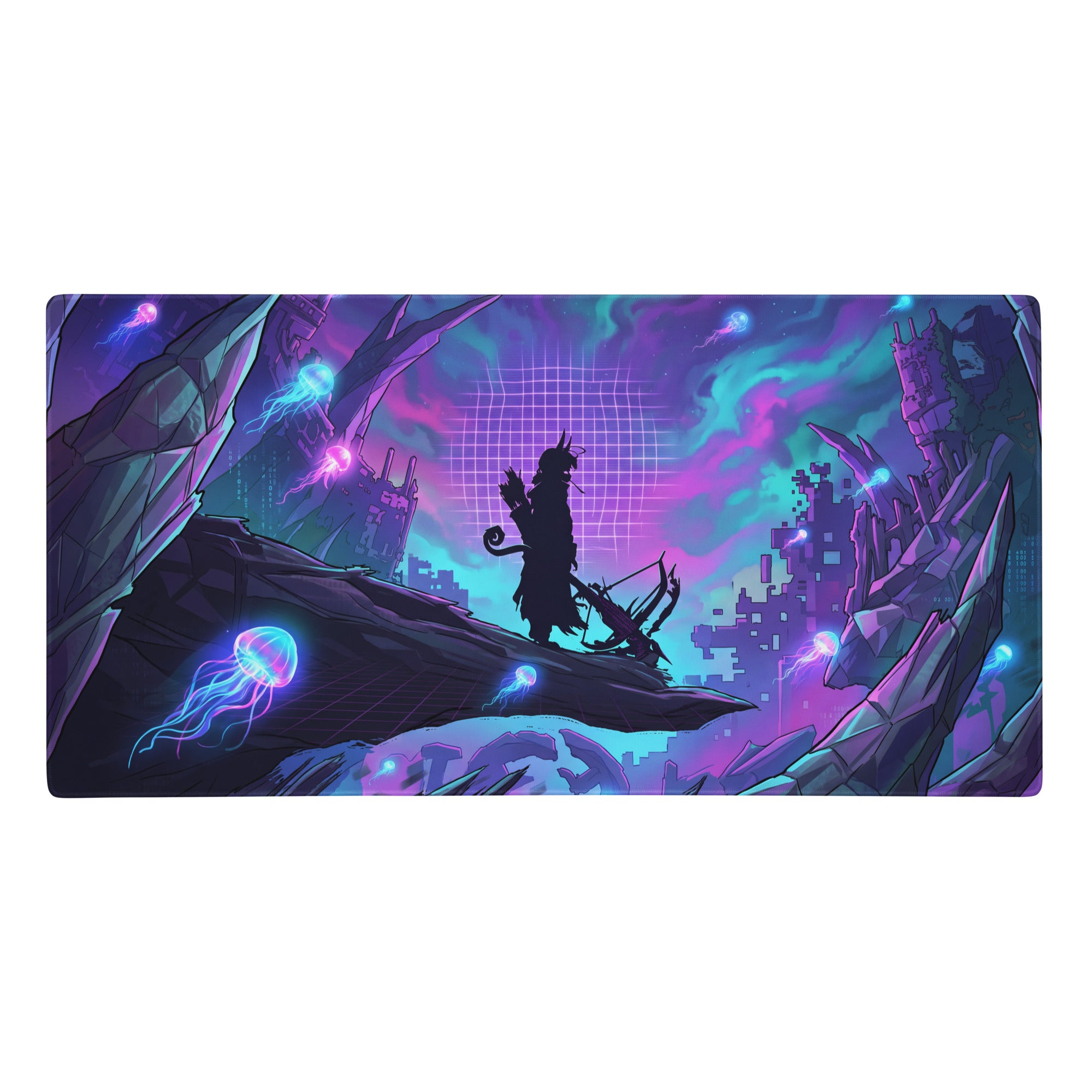 Vibrant purple and teal neon lit vaporwave neon nightscape gaming mouse pad with silhouetted archer and glowing jellyfish