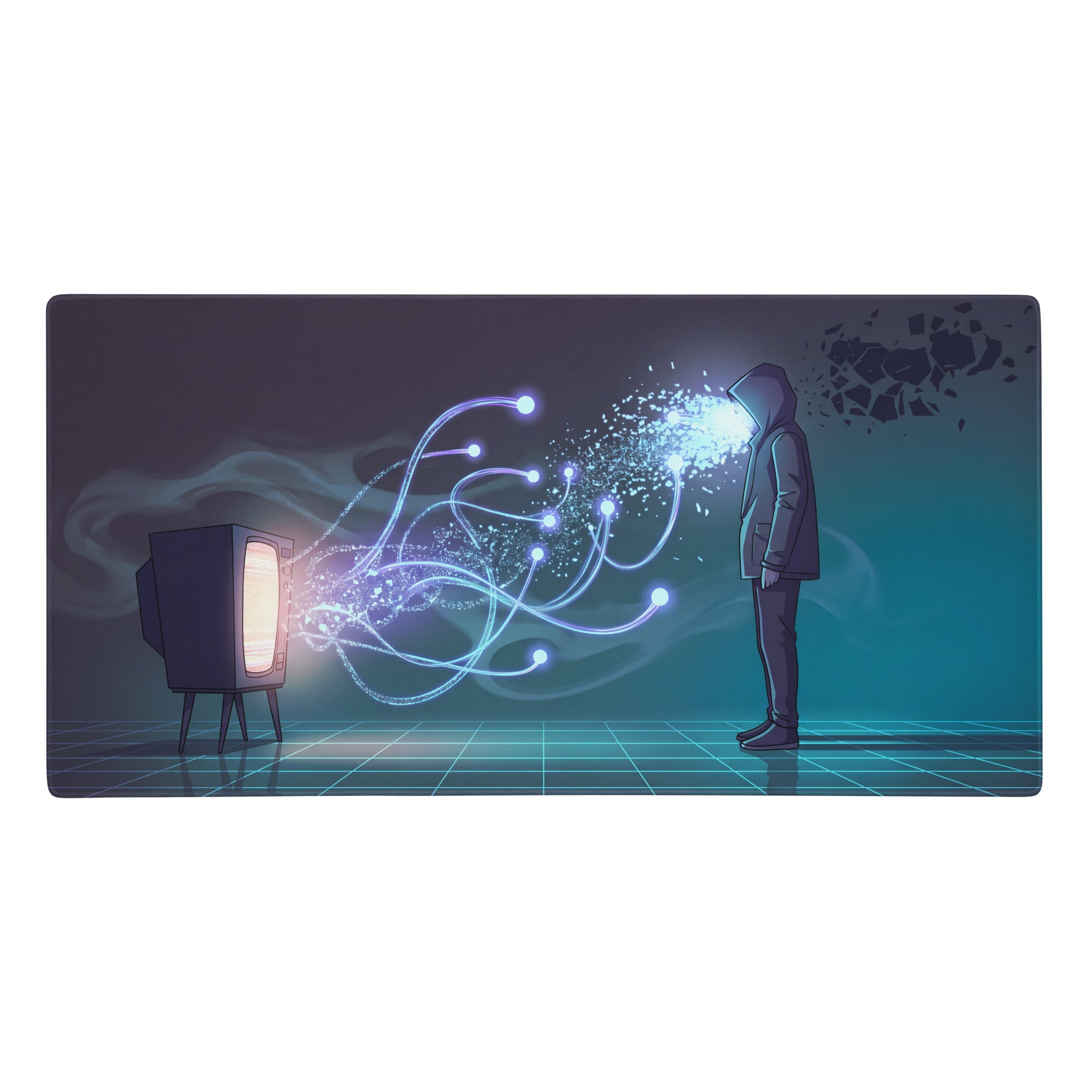 Vintage-style black television with glowing screen on a purple blue vaporwave neon gaming mouse pad